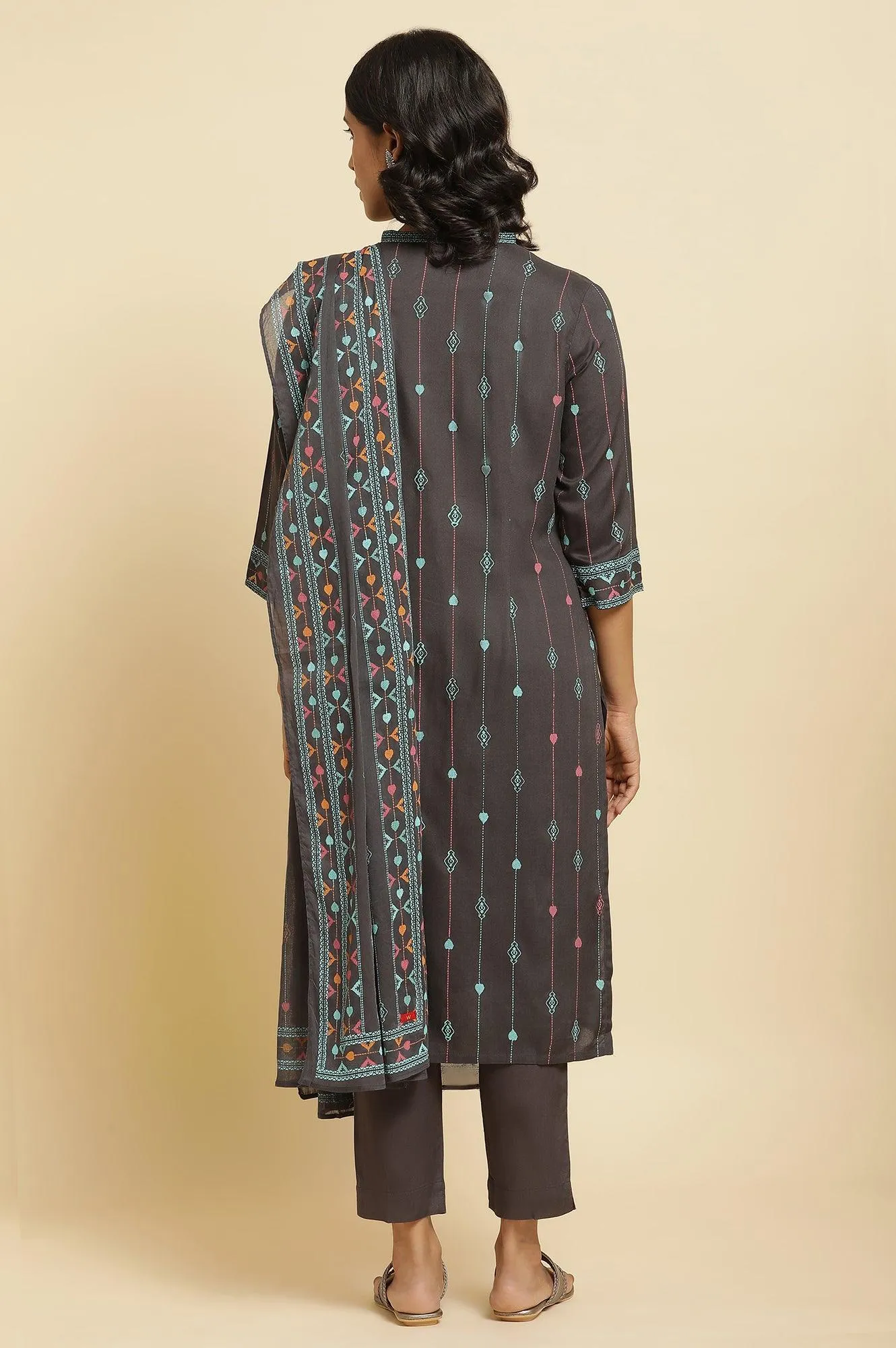 Grey Printed Kurta, Pants & Dupatta Set