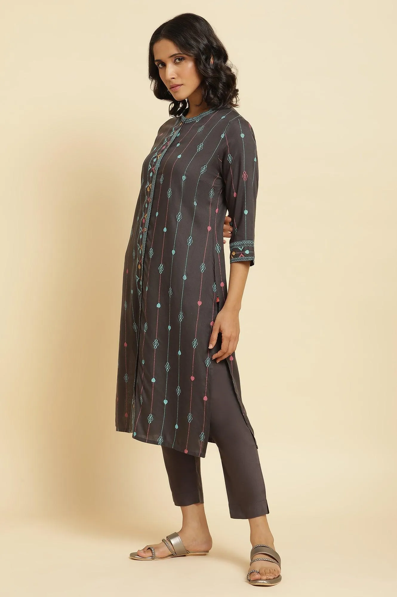 Grey Printed Kurta, Pants & Dupatta Set