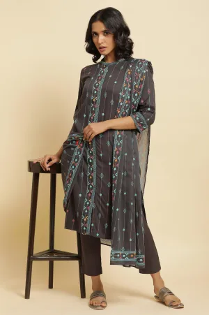 Grey Printed Kurta, Pants & Dupatta Set