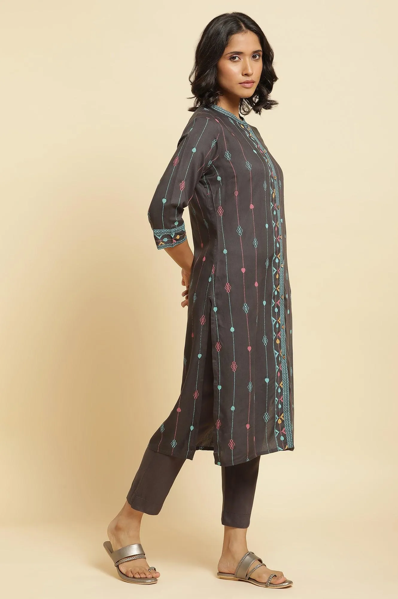 Grey Printed Kurta, Pants & Dupatta Set