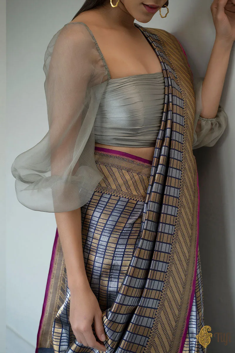 Grey Ruched Satin Organza Blouse
