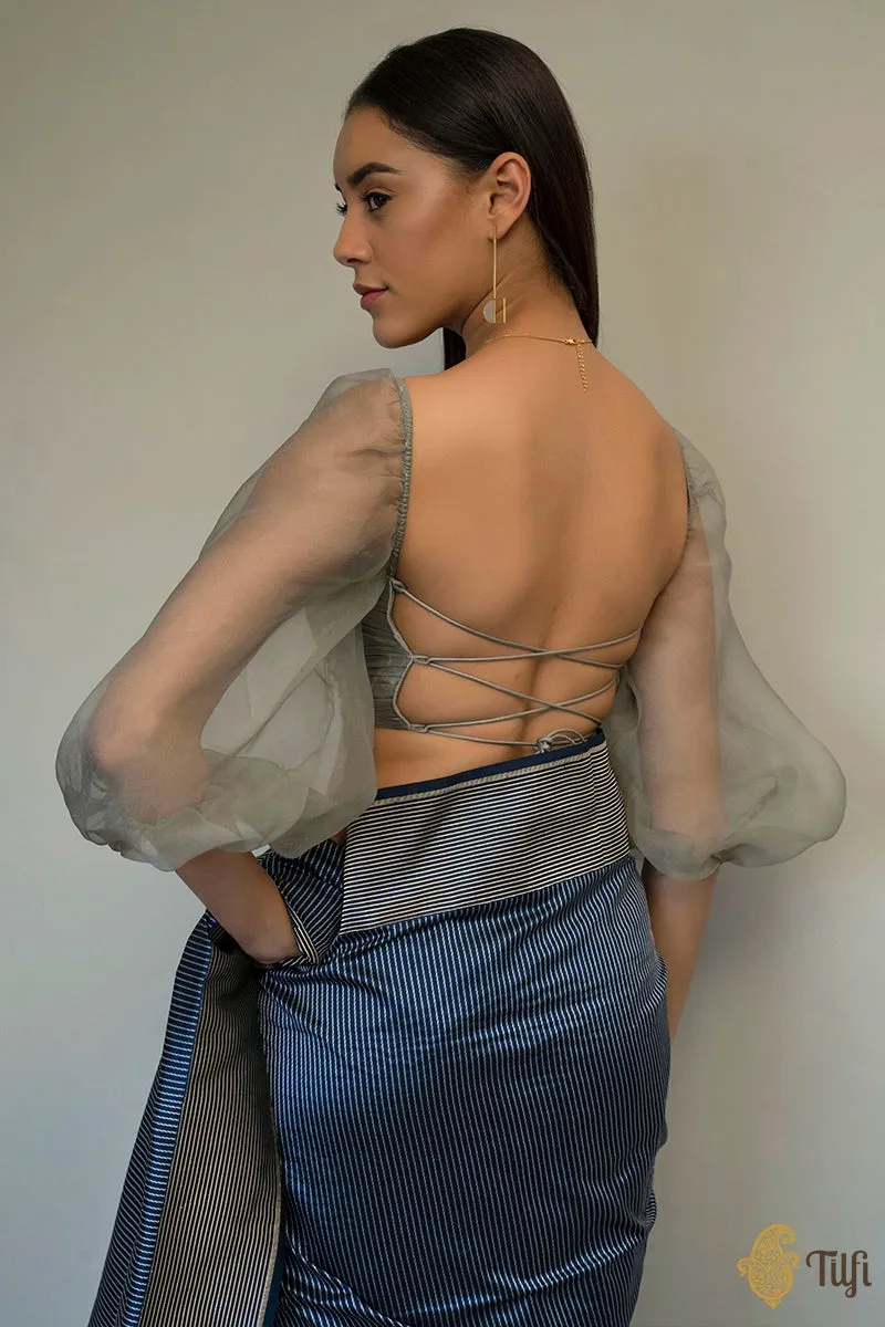 Grey Ruched Satin Organza Blouse