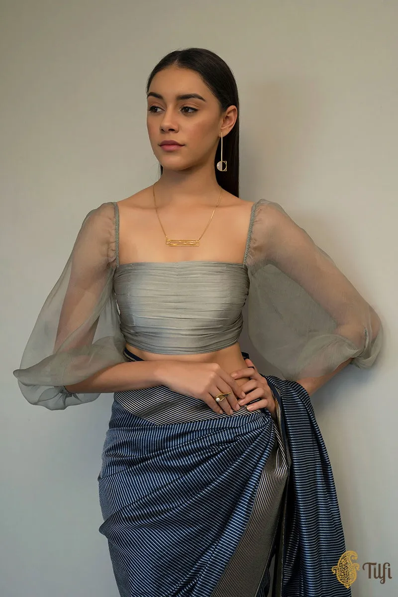 Grey Ruched Satin Organza Blouse