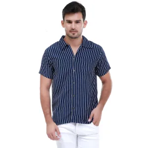 Hamlin Dwan Atasan Kemeja Pria Vertical Lines Casual Shortsleeve Shirt Material Cotton - Navy