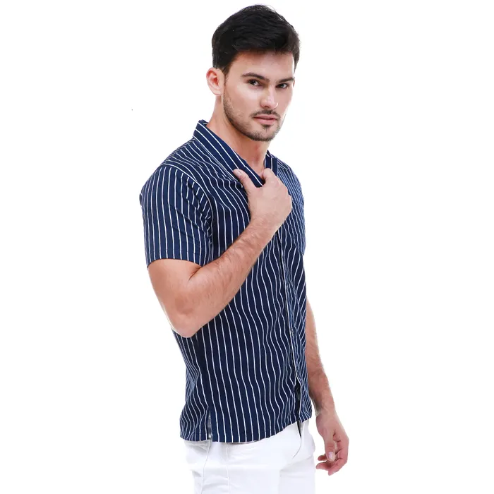 Hamlin Dwan Atasan Kemeja Pria Vertical Lines Casual Shortsleeve Shirt Material Cotton - Navy