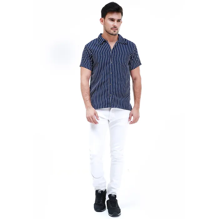Hamlin Dwan Atasan Kemeja Pria Vertical Lines Casual Shortsleeve Shirt Material Cotton - Navy