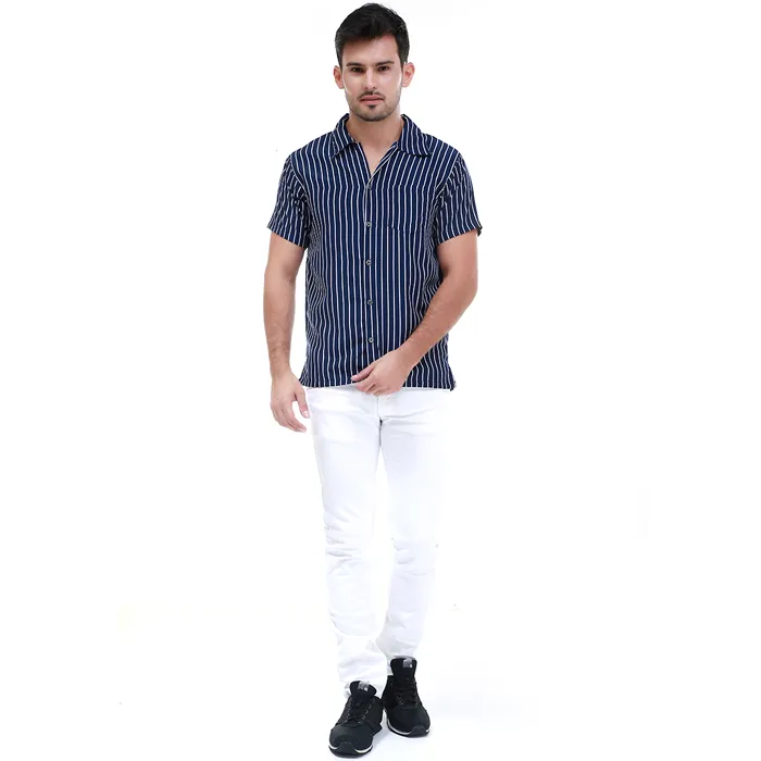 Hamlin Dwan Atasan Kemeja Pria Vertical Lines Casual Shortsleeve Shirt Material Cotton - Navy