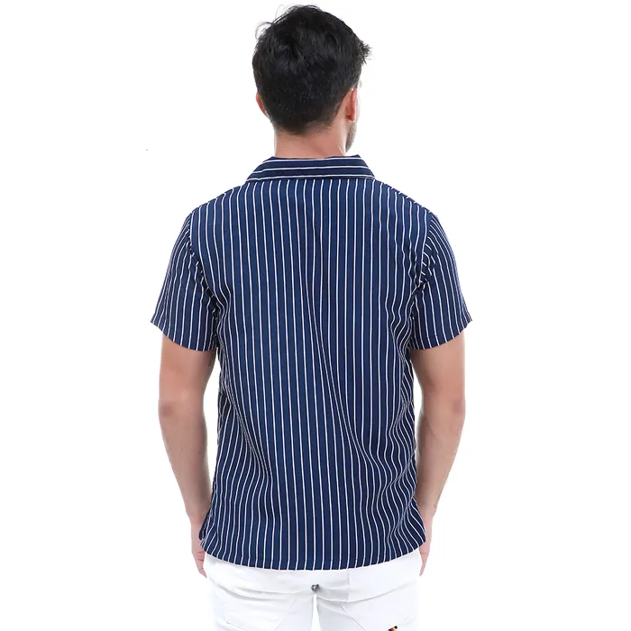 Hamlin Dwan Atasan Kemeja Pria Vertical Lines Casual Shortsleeve Shirt Material Cotton - Navy