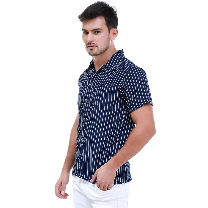 Hamlin Dwan Atasan Kemeja Pria Vertical Lines Casual Shortsleeve Shirt Material Cotton - Navy