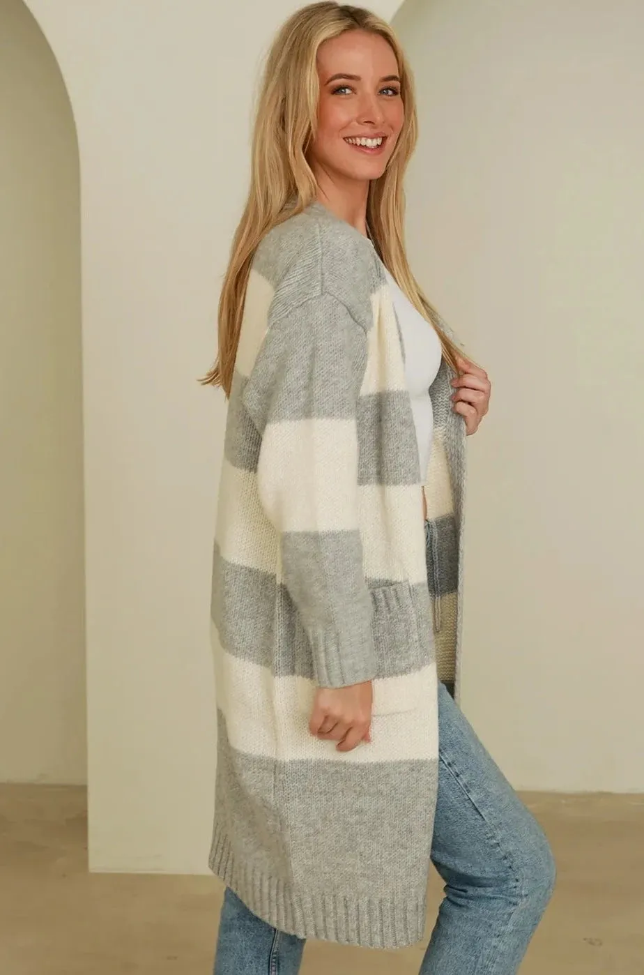 HARLOW KNIT CARDIGAN GREY   CREAM