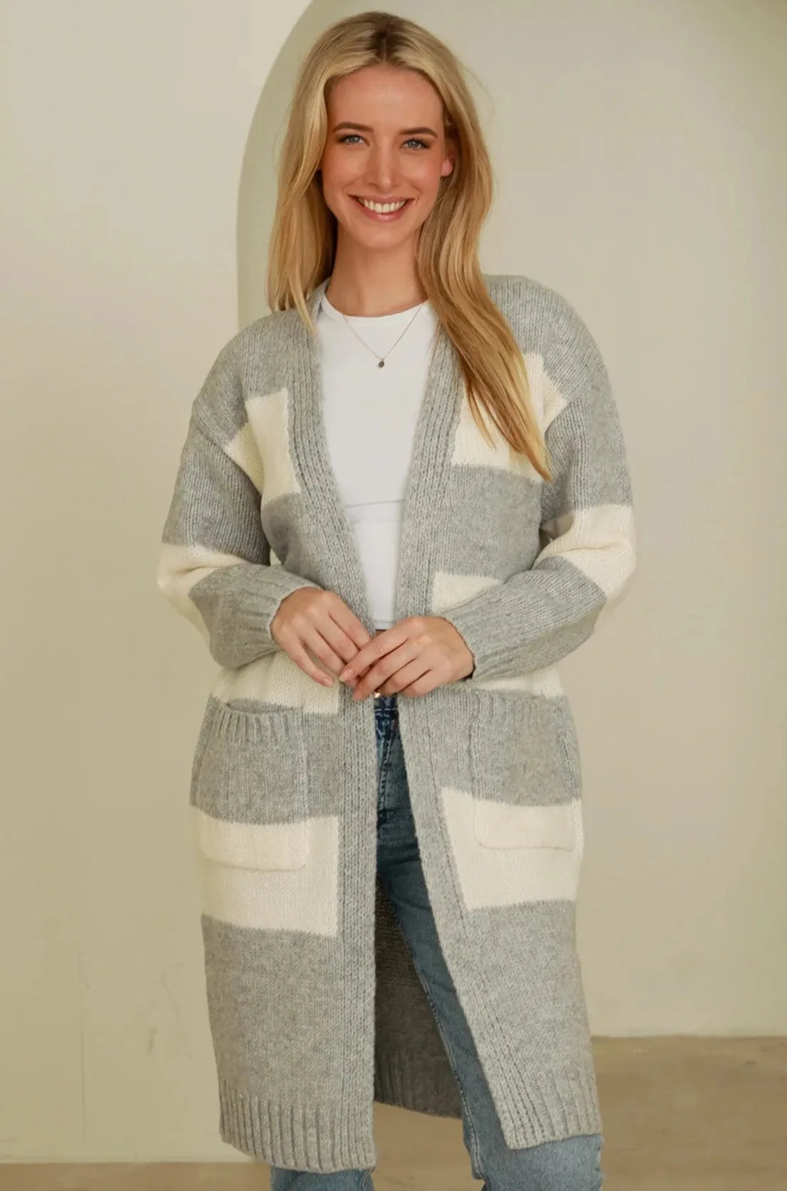 HARLOW KNIT CARDIGAN GREY   CREAM