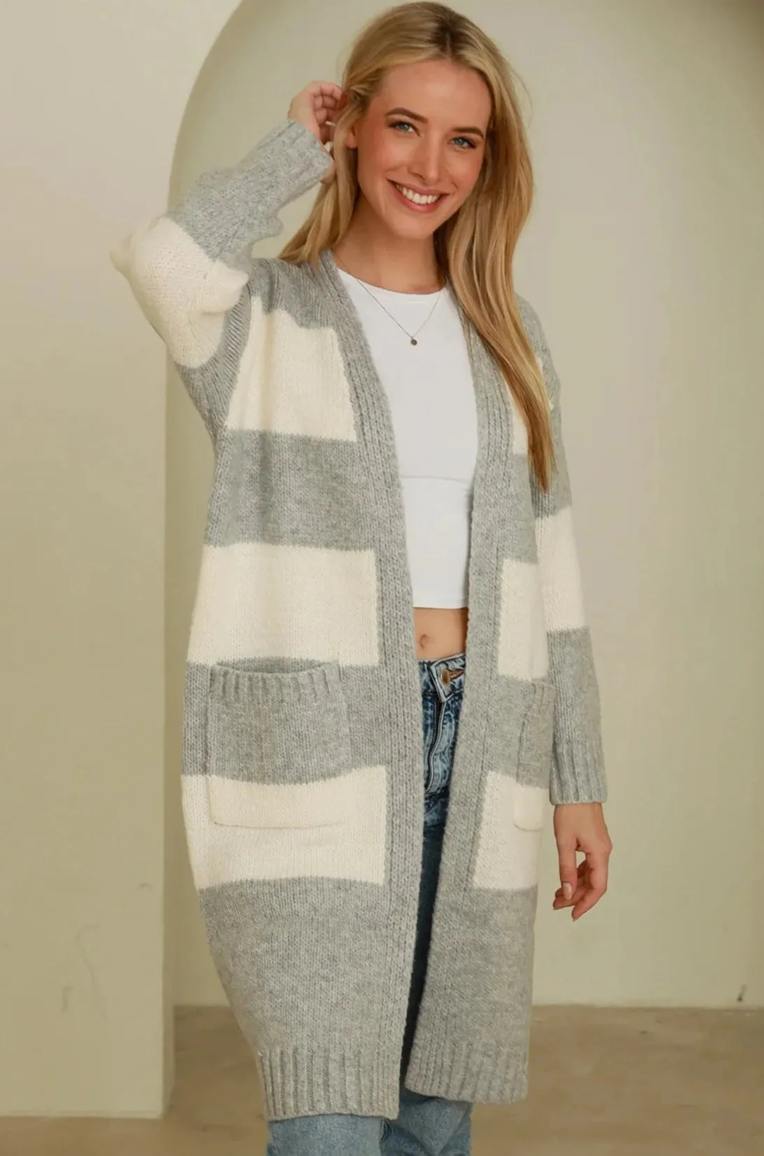 HARLOW KNIT CARDIGAN GREY   CREAM