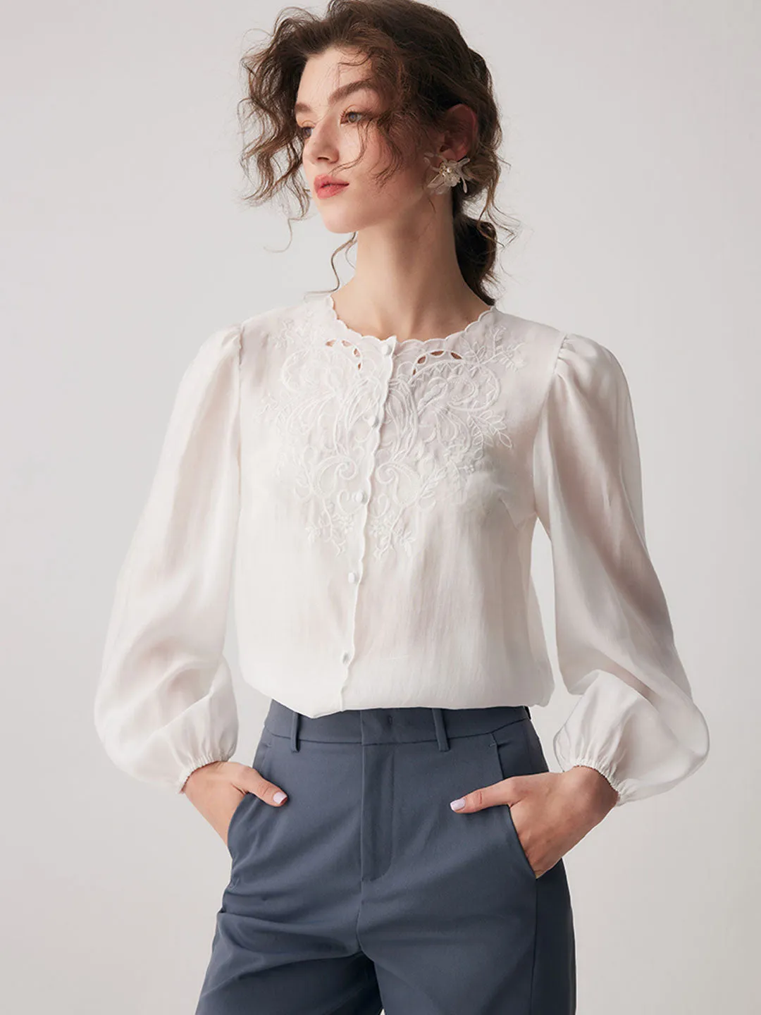Jocelyn Elegant Embroidered Lantern Sleeve Shirt-White