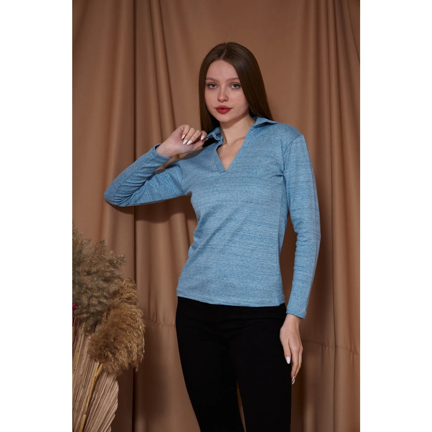 Light Blue Melange Polo Sweatshirt