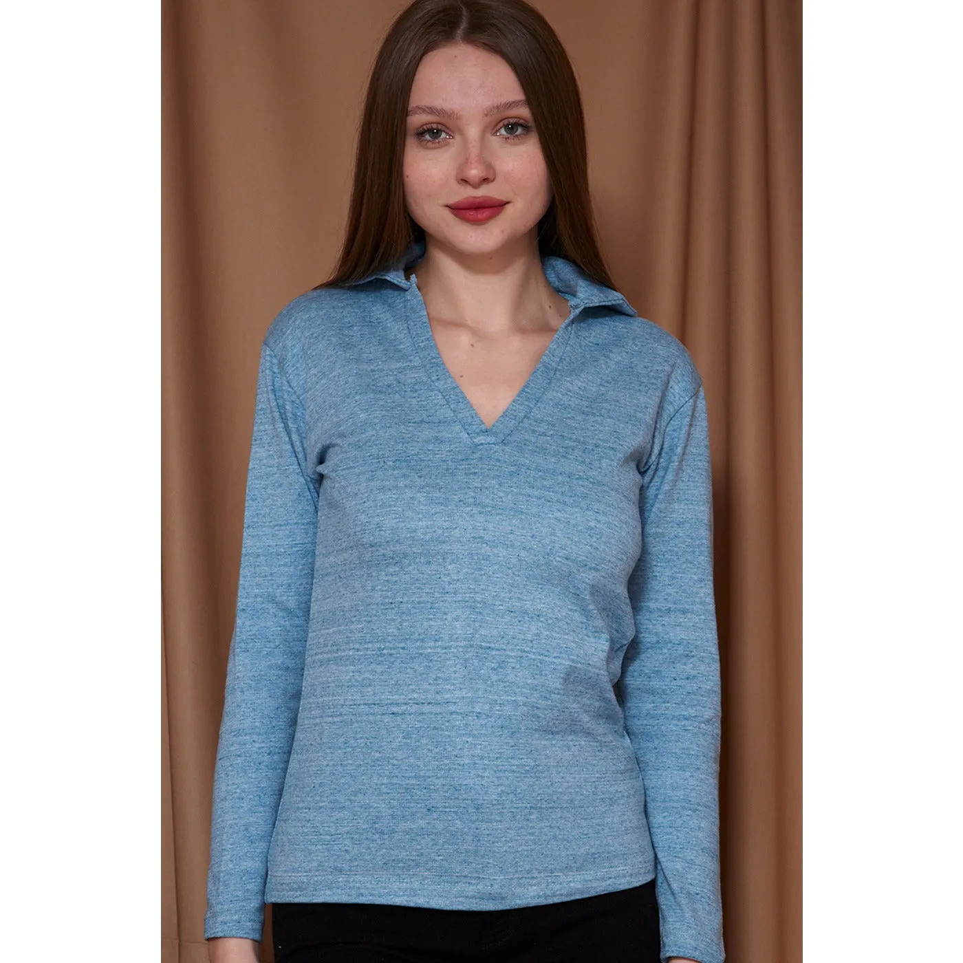 Light Blue Melange Polo Sweatshirt