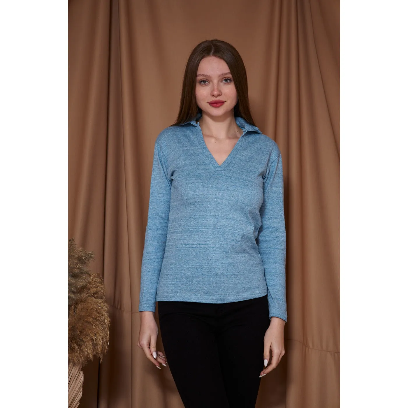 Light Blue Melange Polo Sweatshirt