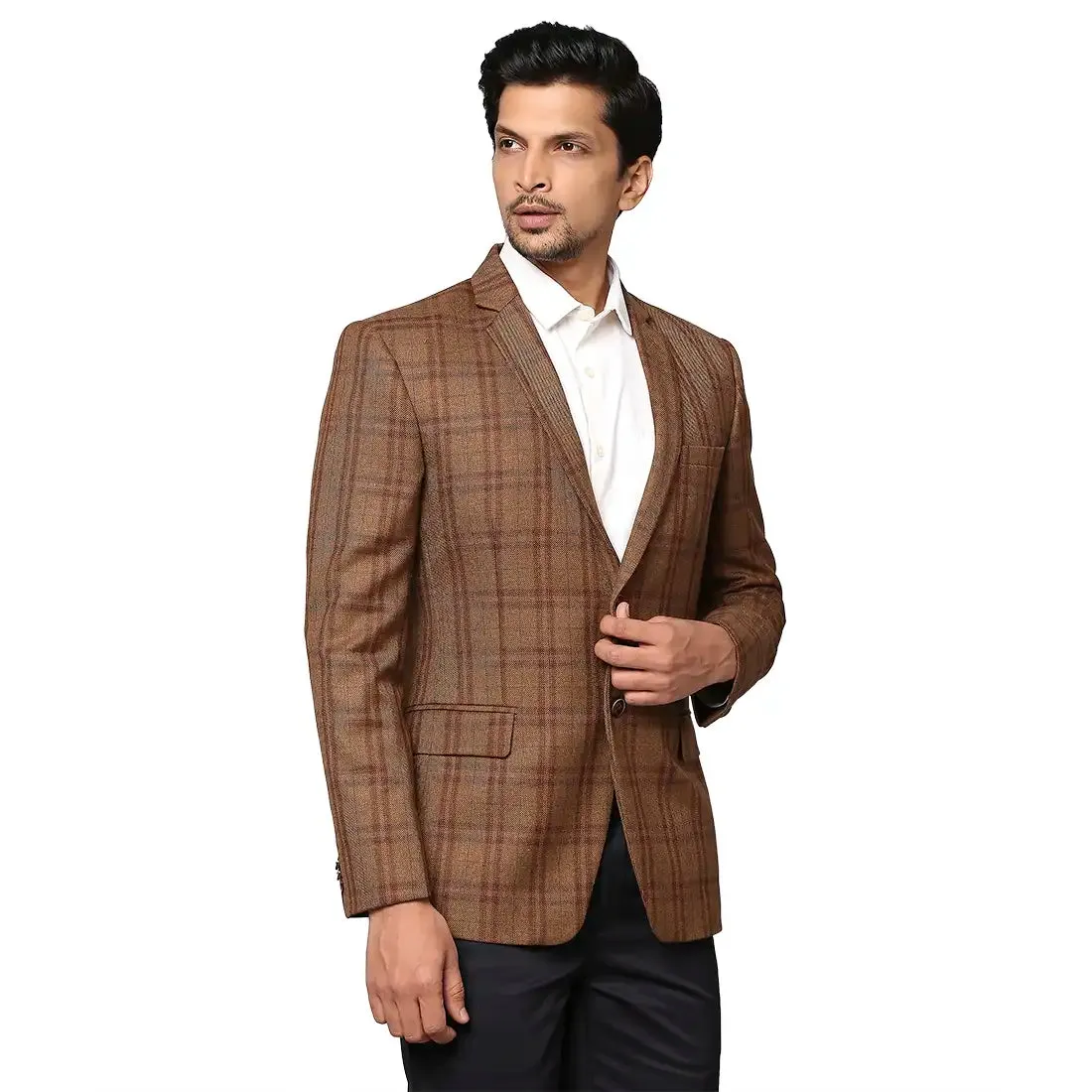 Men Brown Regular Fit Checks Wool Blend Jackets