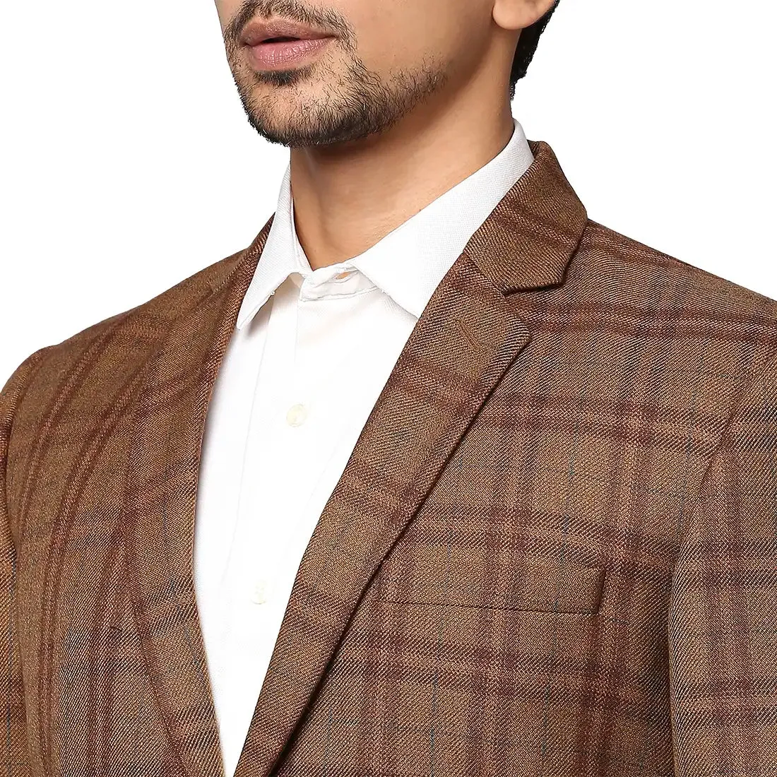 Men Brown Regular Fit Checks Wool Blend Jackets