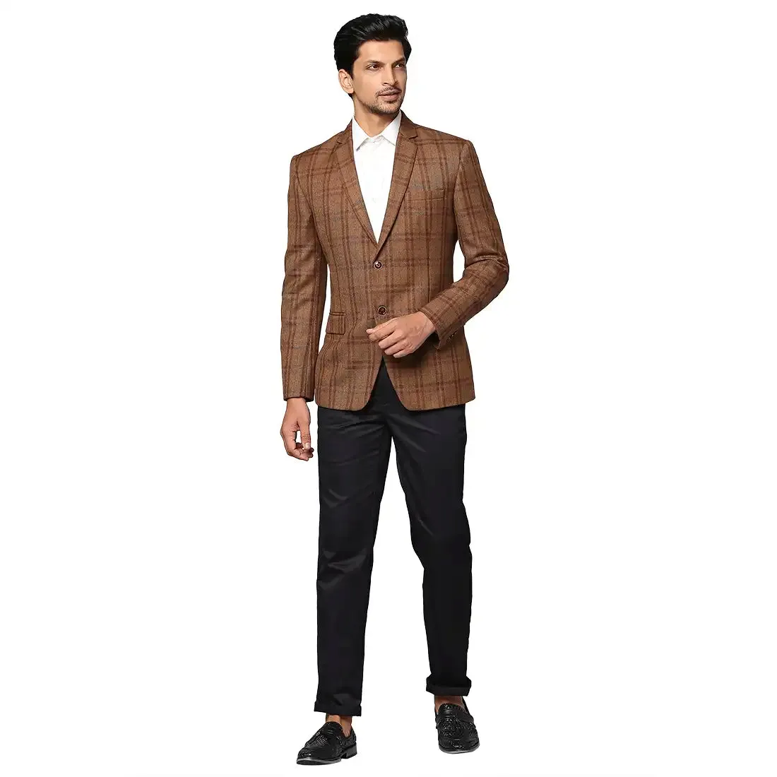 Men Brown Regular Fit Checks Wool Blend Jackets