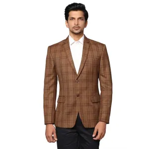 Men Brown Regular Fit Checks Wool Blend Jackets