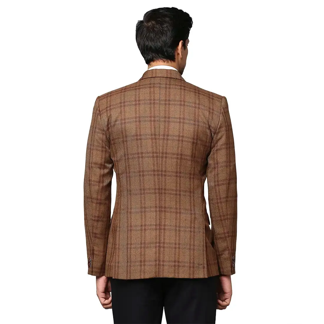 Men Brown Regular Fit Checks Wool Blend Jackets