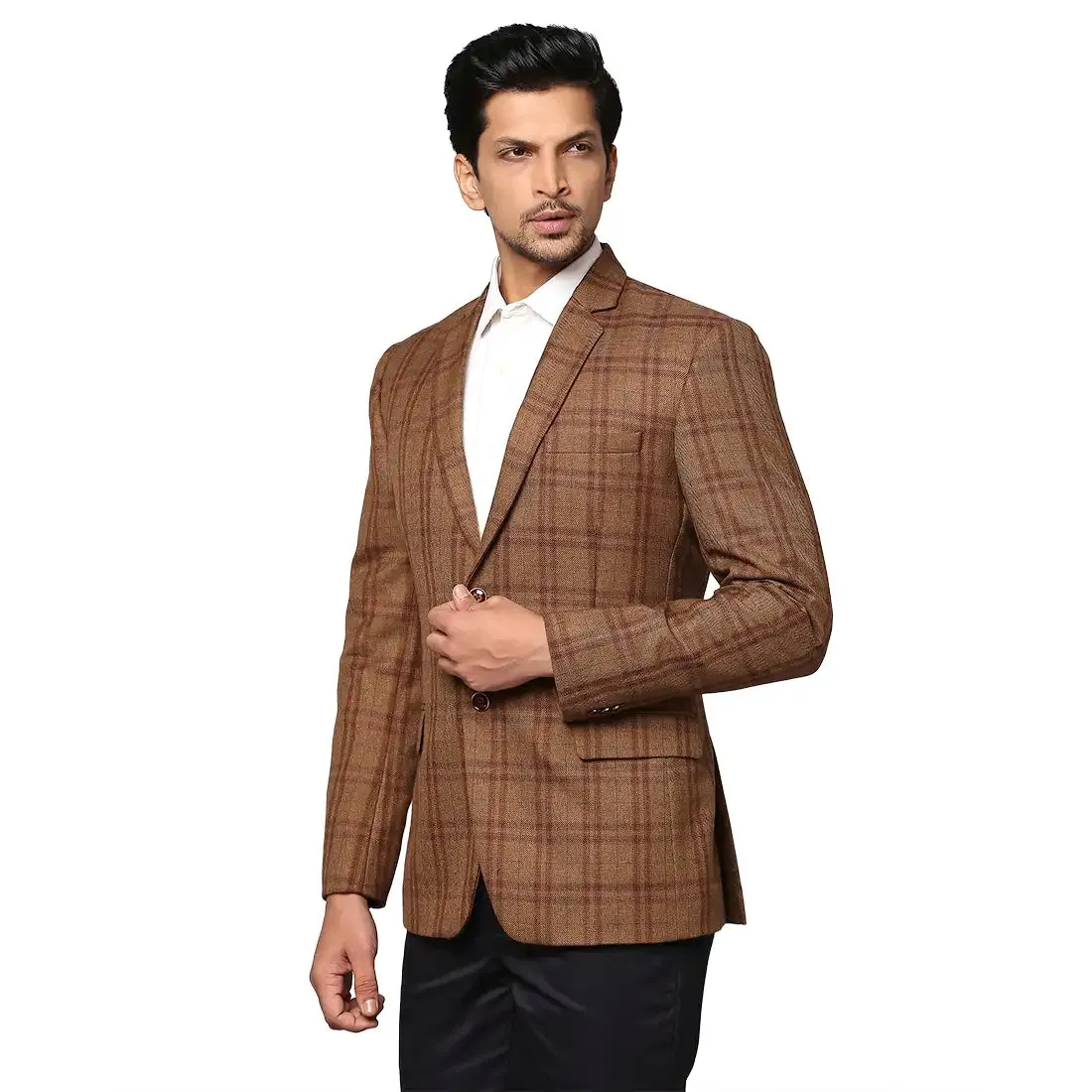 Men Brown Regular Fit Checks Wool Blend Jackets