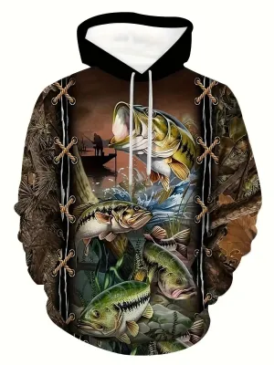 Mens Fish Pattern Hoodie Stylish Casual Outdoor Comfort