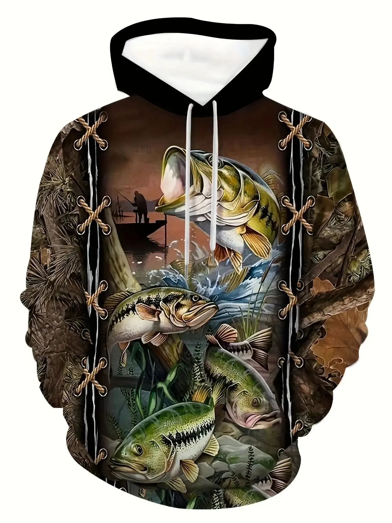 Mens Fish Pattern Hoodie Stylish Casual Outdoor Comfort