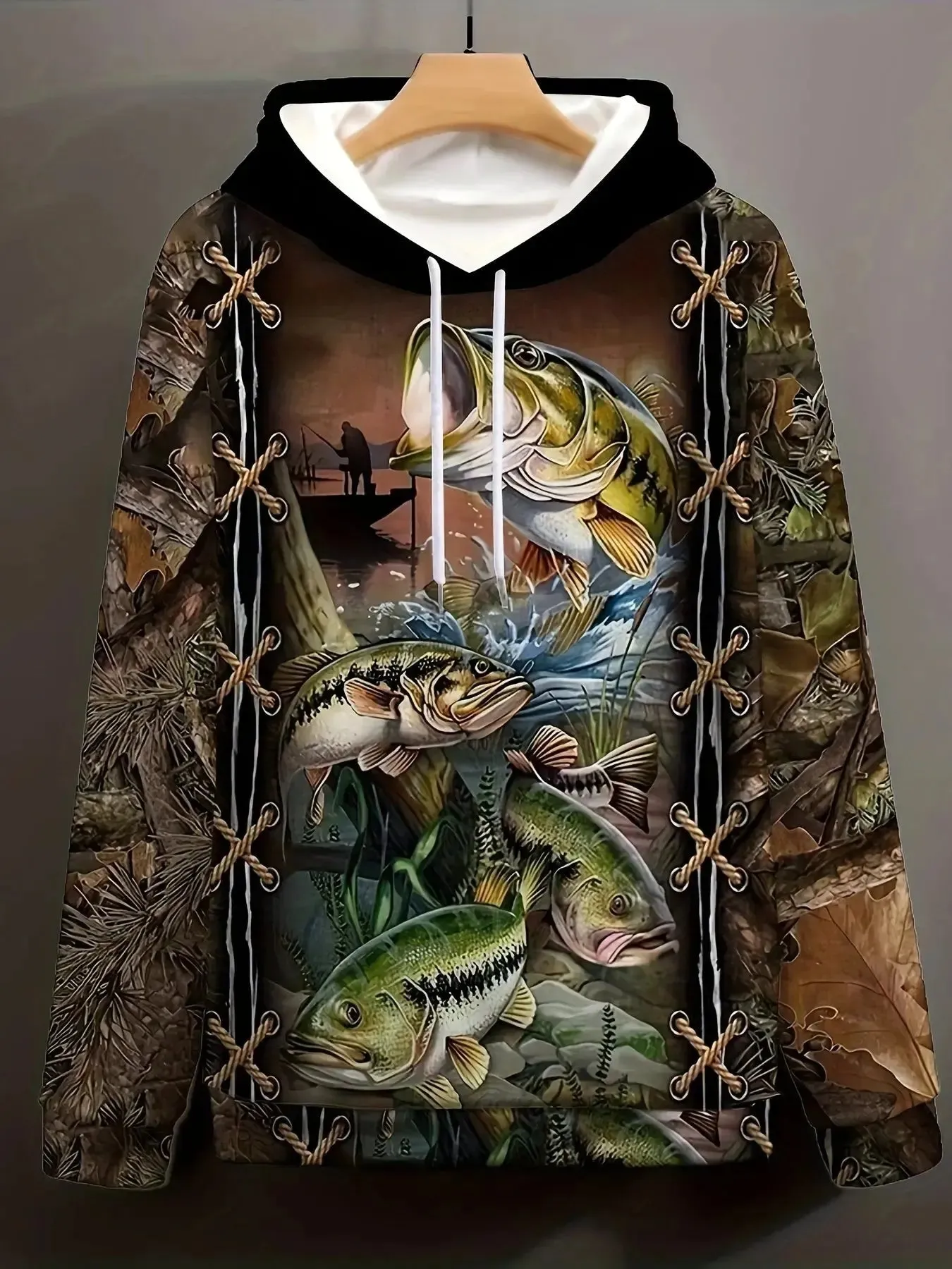 Mens Fish Pattern Hoodie Stylish Casual Outdoor Comfort