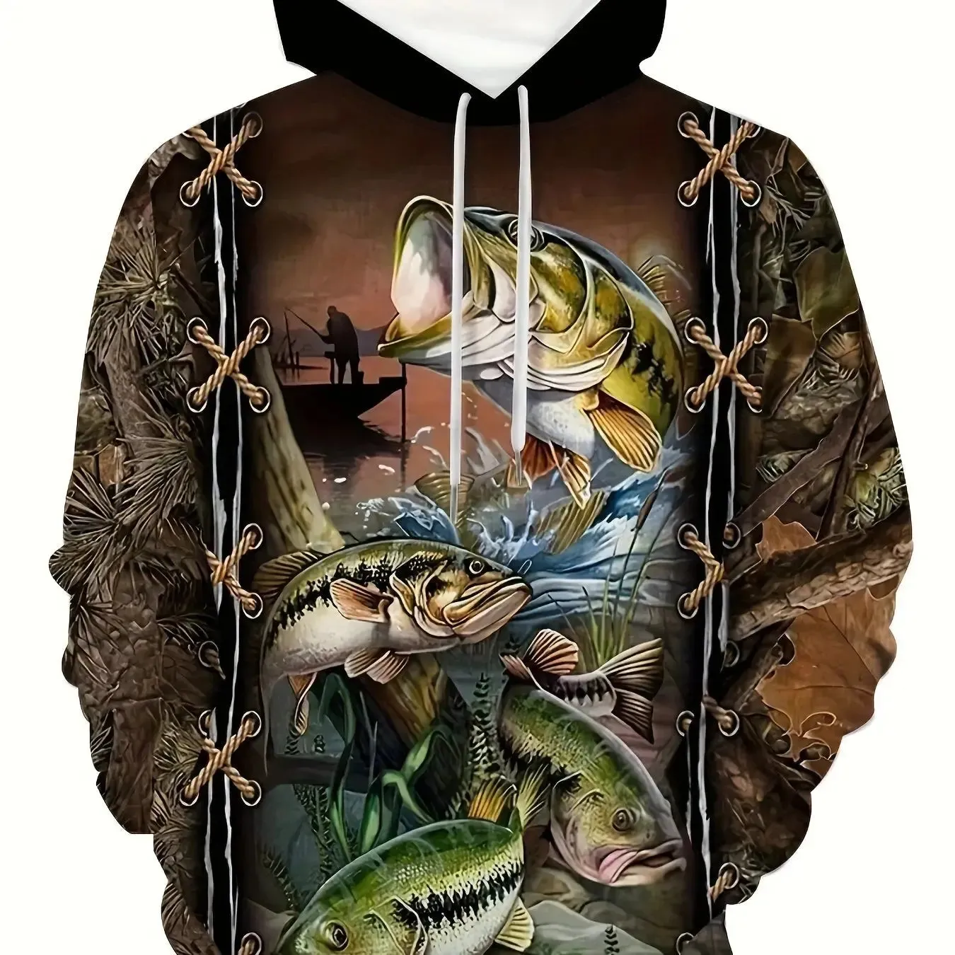 Mens Fish Pattern Hoodie Stylish Casual Outdoor Comfort