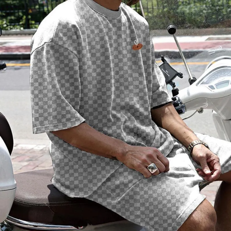 Men's Plaid Trendy Short-sleeved T-shirt Shorts Casual Sports Set 08962460L