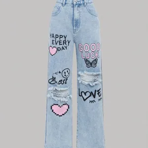 "Streetwear-Inspired High-Waisted Loose-Fit Girl's Denim Pants – Heart, Smile, and Graffiti Designs, Ripped Hip-Hop Style Jeans"