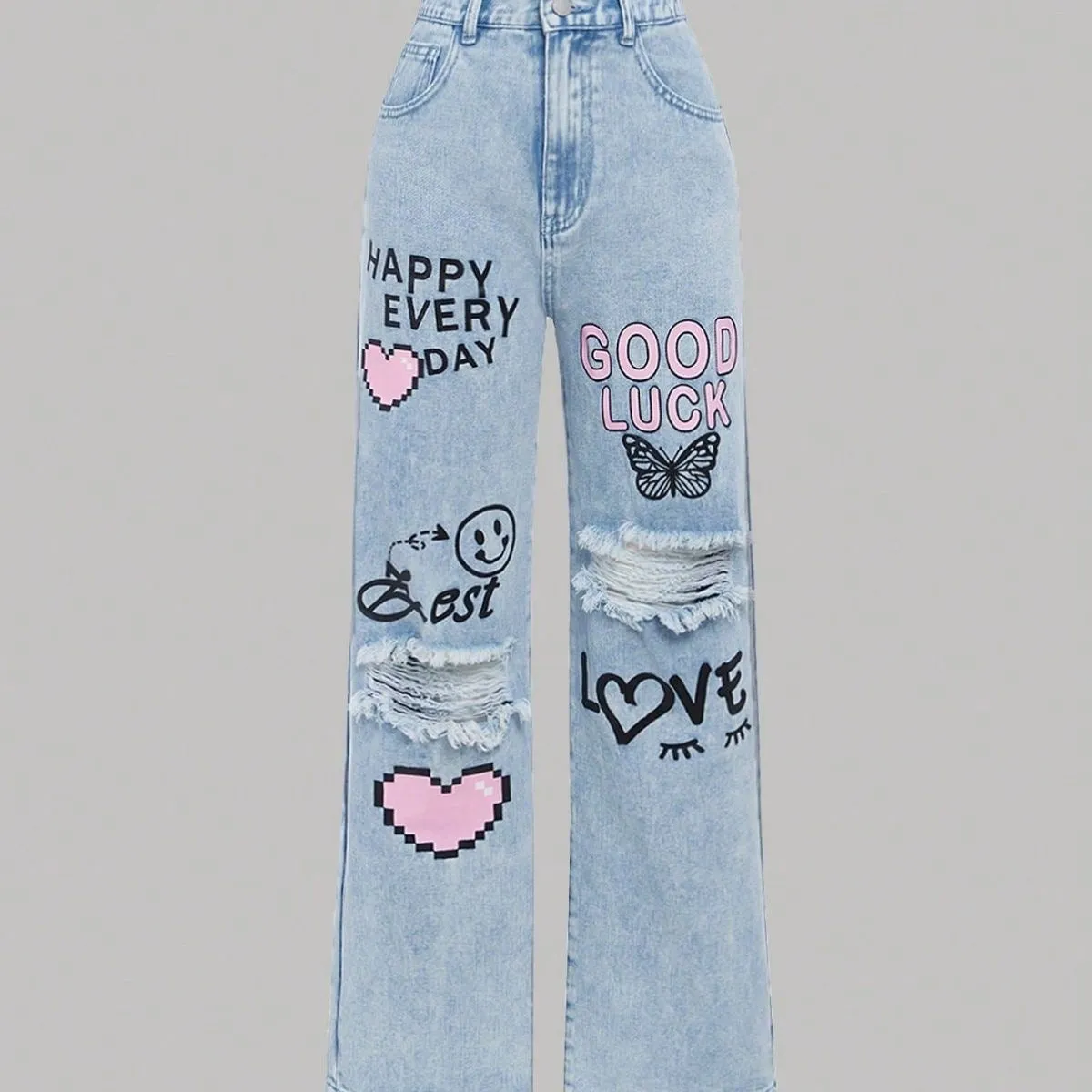 "Streetwear-Inspired High-Waisted Loose-Fit Girl's Denim Pants – Heart, Smile, and Graffiti Designs, Ripped Hip-Hop Style Jeans"