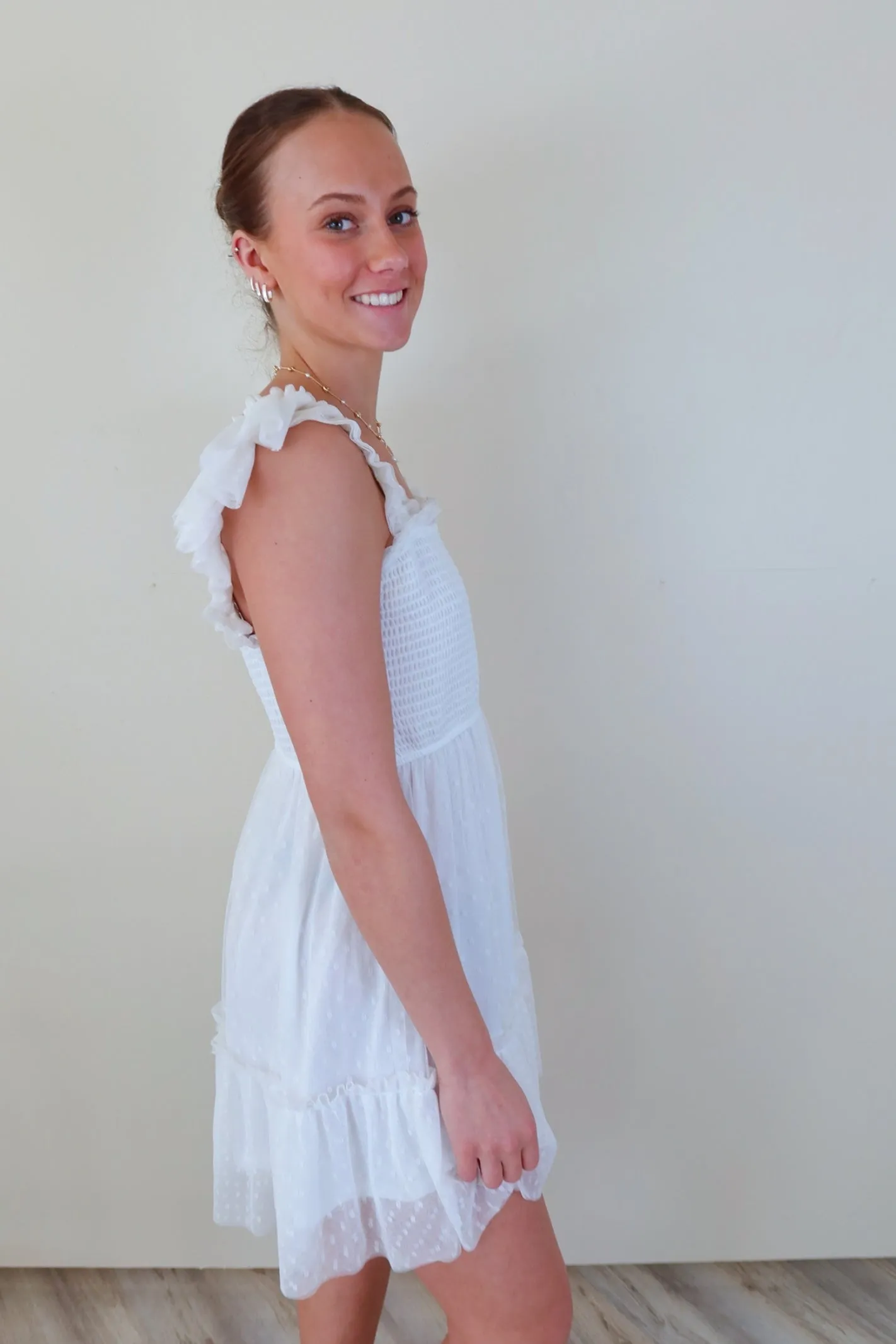 Sheer Polka Dot Ruffle Hem White Dress