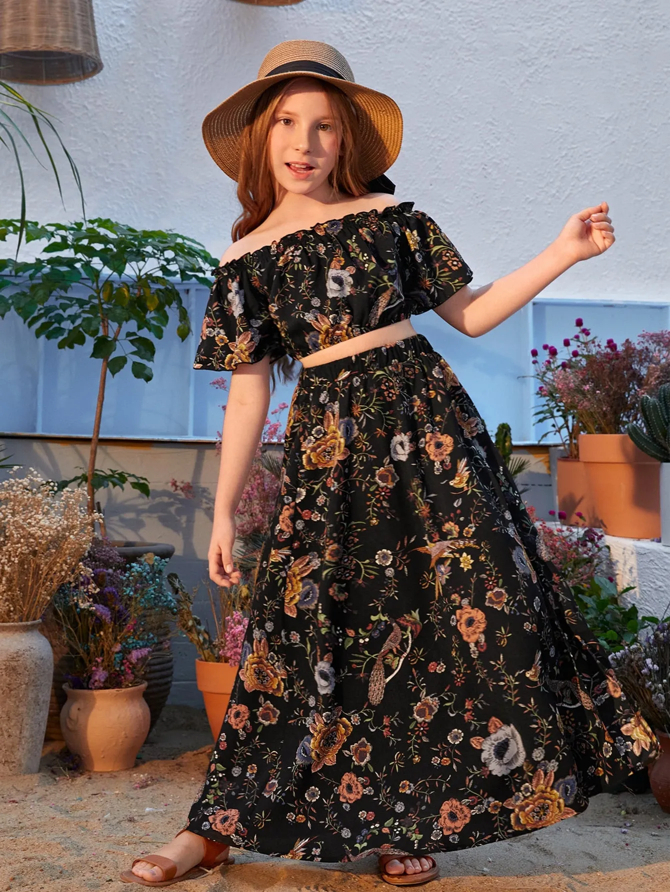 SHEIN Tween Girl Off Shoulder Floral Print Top & Split Thigh Skirt Set
