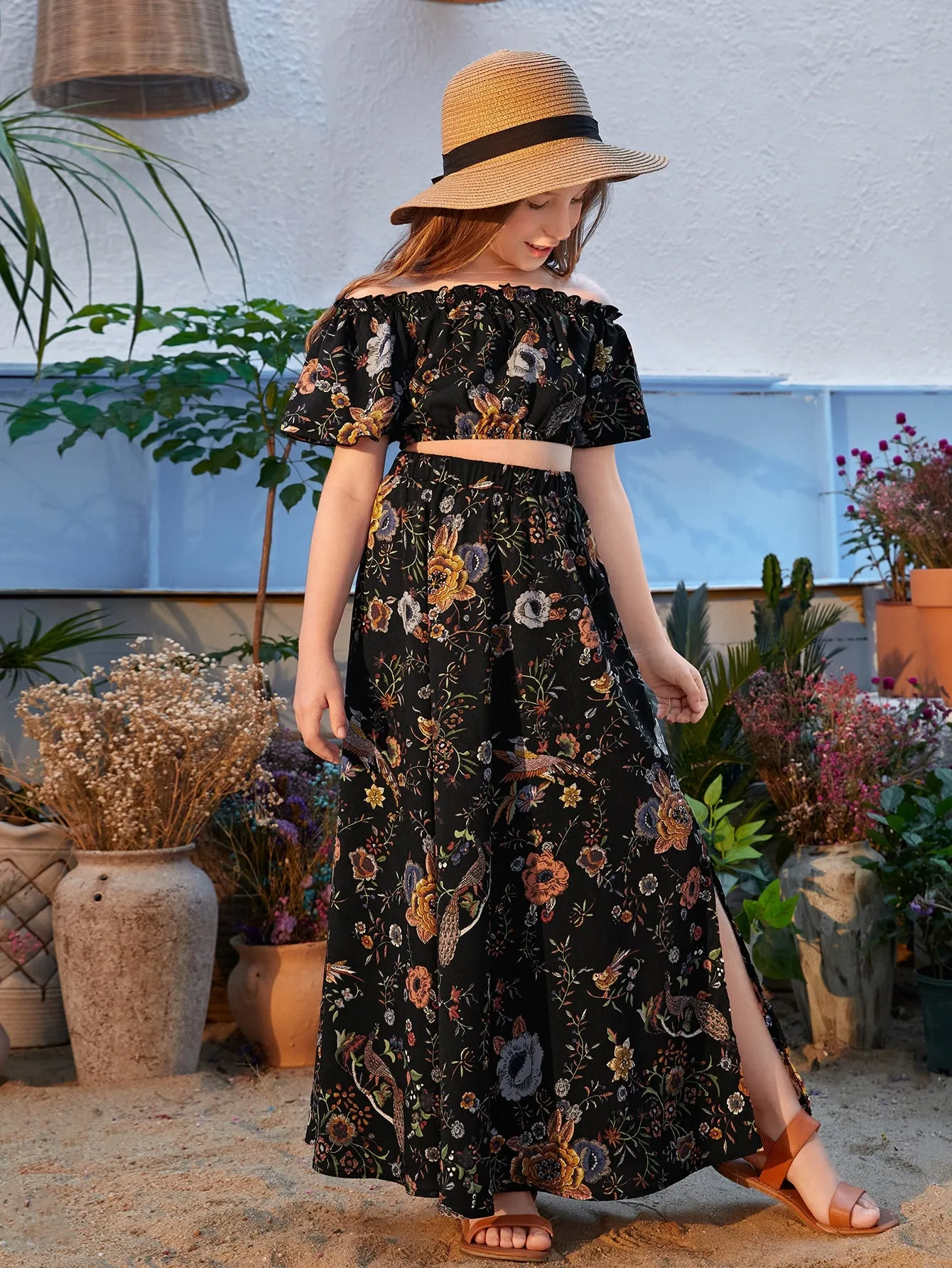 SHEIN Tween Girl Off Shoulder Floral Print Top & Split Thigh Skirt Set