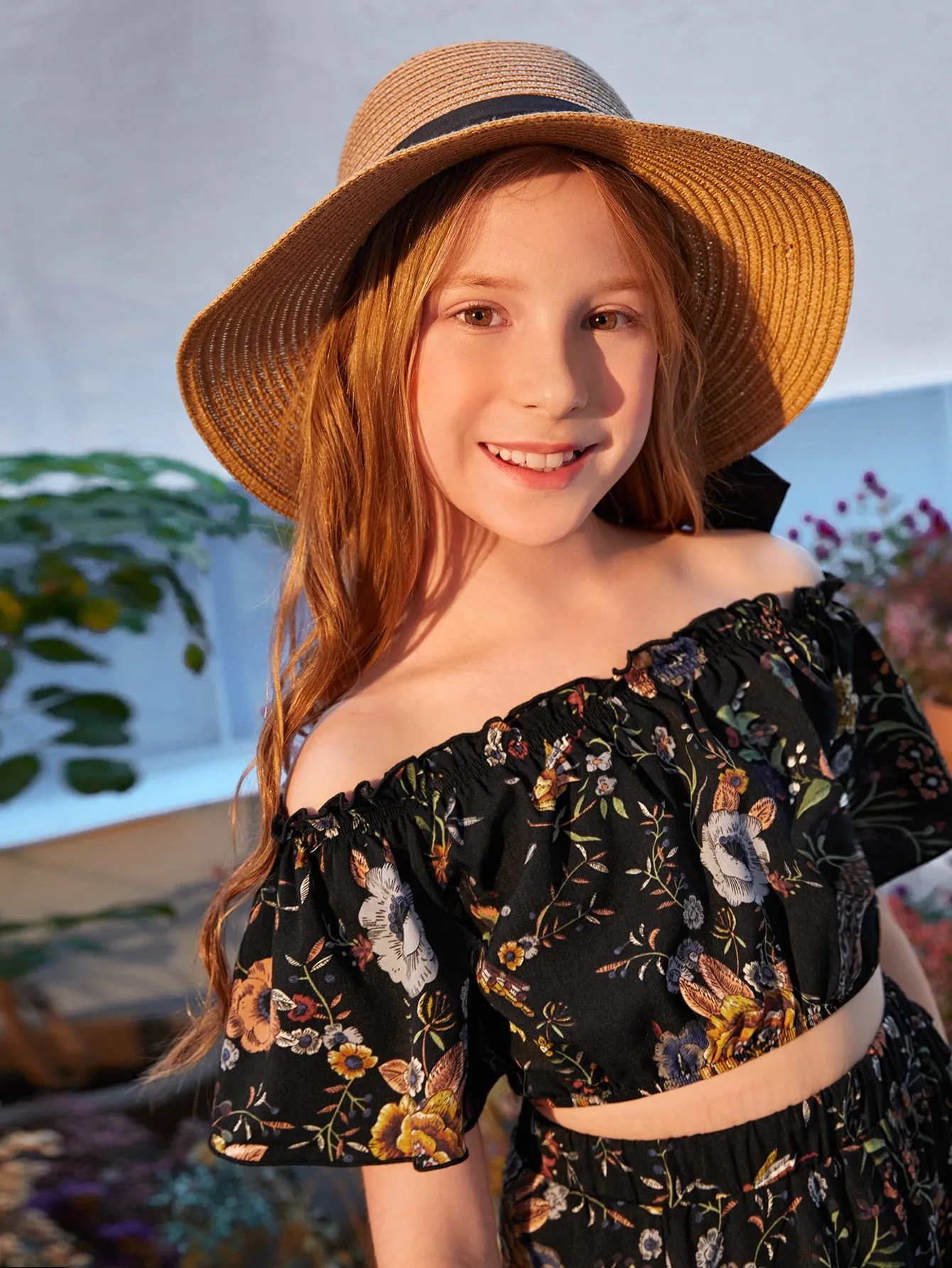 SHEIN Tween Girl Off Shoulder Floral Print Top & Split Thigh Skirt Set
