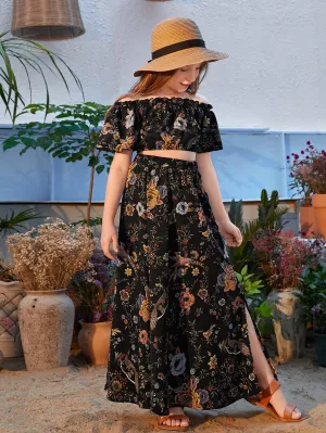 SHEIN Tween Girl Off Shoulder Floral Print Top & Split Thigh Skirt Set