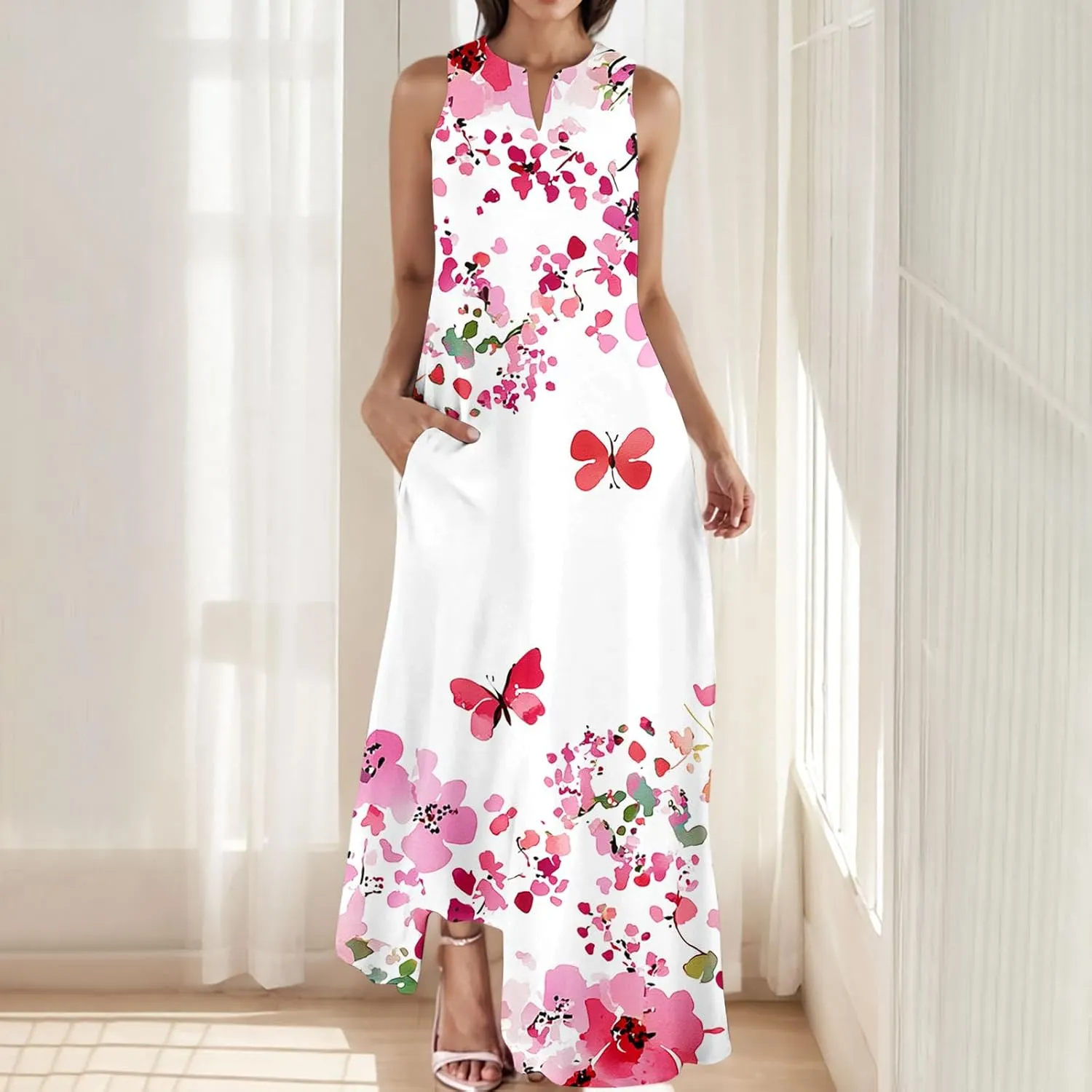 Sinzelimin Womens Maxi Dresses Summer Fashion Printed Sleeveless V-Neck Tank Dress Bohemian Style Beach Casual Sundress