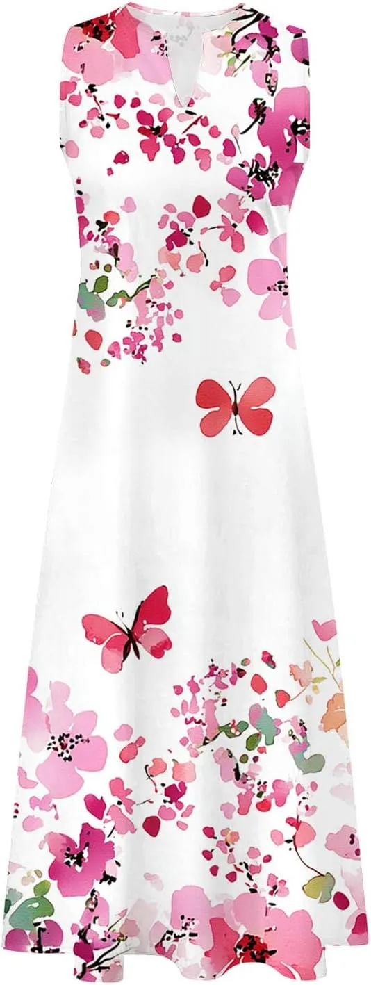 Sinzelimin Womens Maxi Dresses Summer Fashion Printed Sleeveless V-Neck Tank Dress Bohemian Style Beach Casual Sundress