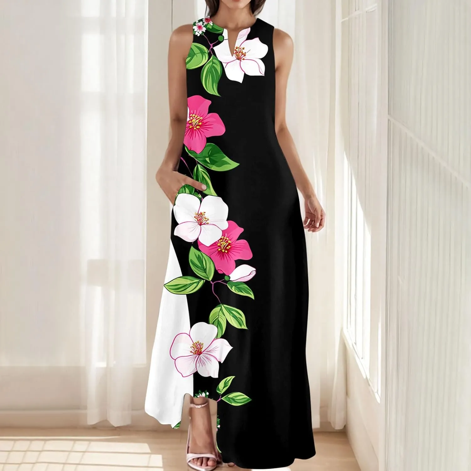 Sinzelimin Womens Maxi Dresses Summer Fashion Printed Sleeveless V-Neck Tank Dress Bohemian Style Beach Casual Sundress