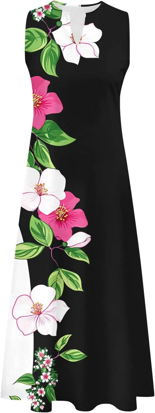 Sinzelimin Womens Maxi Dresses Summer Fashion Printed Sleeveless V-Neck Tank Dress Bohemian Style Beach Casual Sundress