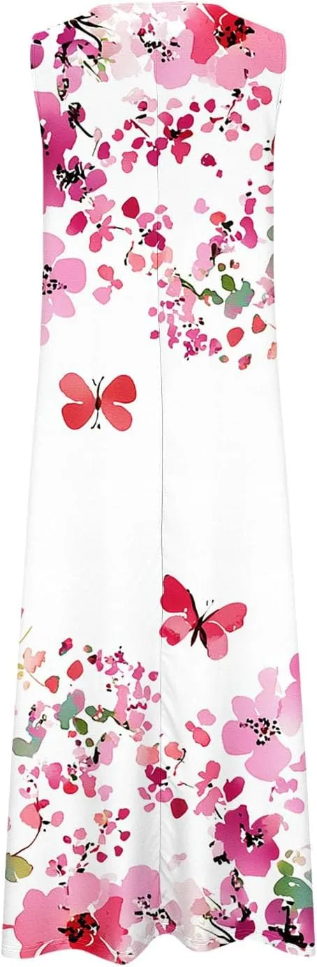 Sinzelimin Womens Maxi Dresses Summer Fashion Printed Sleeveless V-Neck Tank Dress Bohemian Style Beach Casual Sundress
