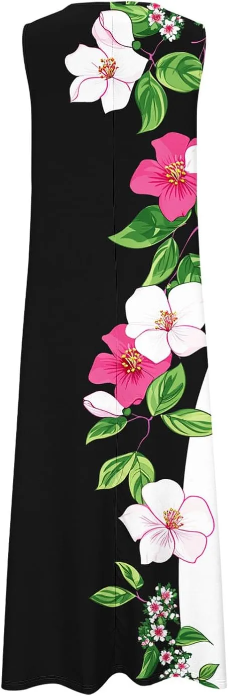Sinzelimin Womens Maxi Dresses Summer Fashion Printed Sleeveless V-Neck Tank Dress Bohemian Style Beach Casual Sundress