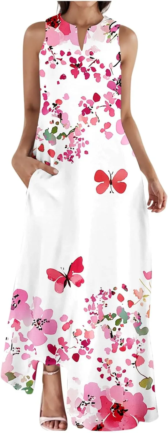 Sinzelimin Womens Maxi Dresses Summer Fashion Printed Sleeveless V-Neck Tank Dress Bohemian Style Beach Casual Sundress