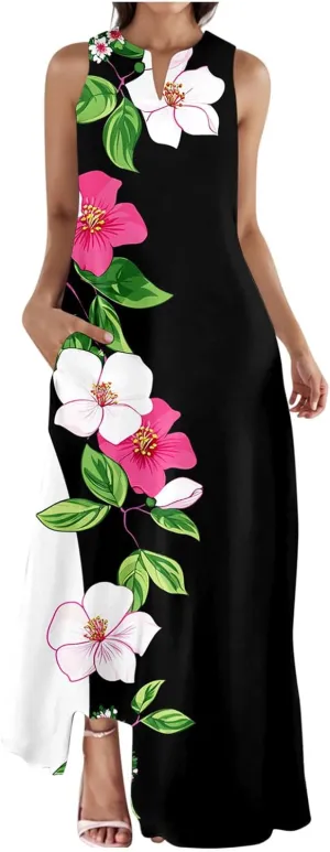 Sinzelimin Womens Maxi Dresses Summer Fashion Printed Sleeveless V-Neck Tank Dress Bohemian Style Beach Casual Sundress