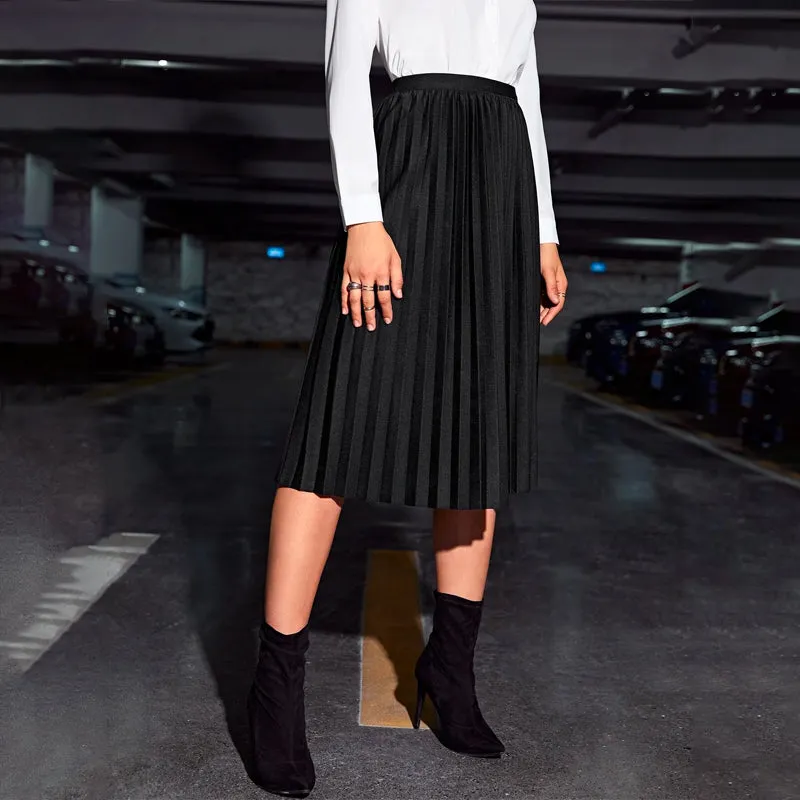 Solid Pleated Midi Skirt