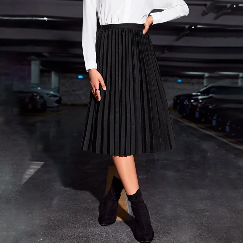 Solid Pleated Midi Skirt
