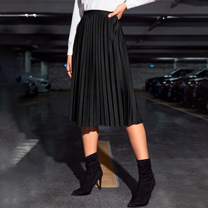 Solid Pleated Midi Skirt