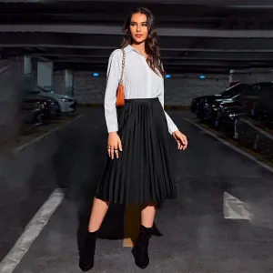 Solid Pleated Midi Skirt